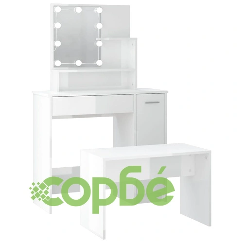 Комплект тоалетка с LED, бял гланц, инженерно дърво ➤ топ цена ➤ sorbe.bg