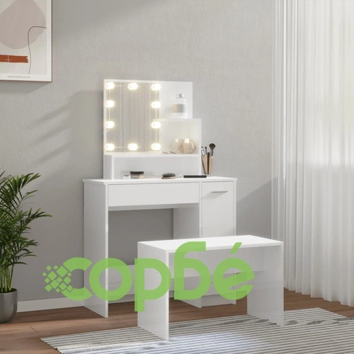 Комплект тоалетка с LED, бял гланц, инженерно дърво ➤ топ цена ➤ sorbe.bg