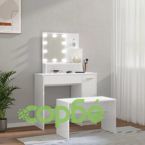 Комплект тоалетка с LED, бял гланц, инженерно дърво ➤ топ цена ➤ sorbe.bg