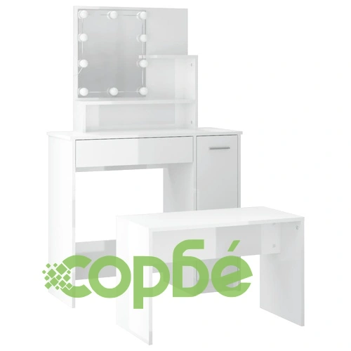 Комплект тоалетка с LED, бял гланц, инженерно дърво ➤ топ цена ➤ sorbe.bg