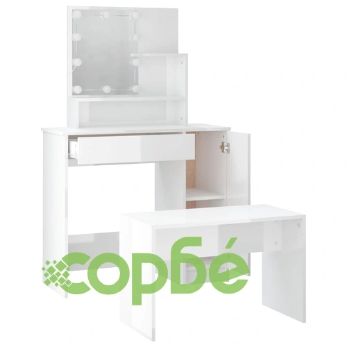 Комплект тоалетка с LED, бял гланц, инженерно дърво ➤ топ цена ➤ sorbe.bg