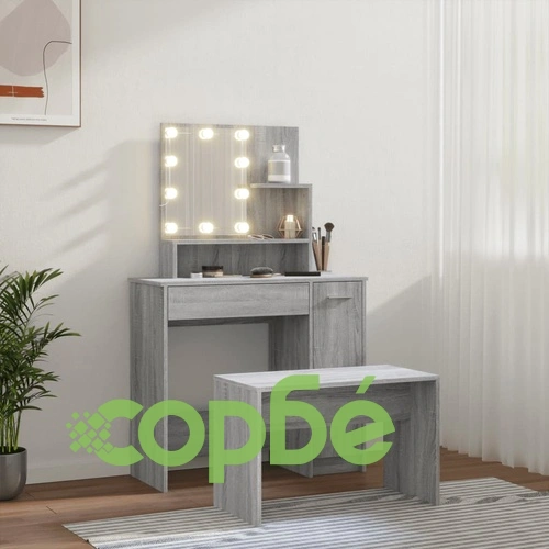 Комплект тоалетка с LED, сив сонома, инженерно дърво ➤ топ цена ➤ sorbe.bg