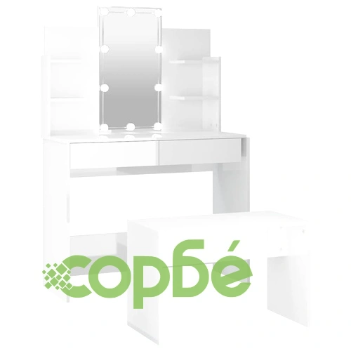 Комплект тоалетка с LED, бял гланц, инженерно дърво ➤ топ цена ➤ sorbe.bg