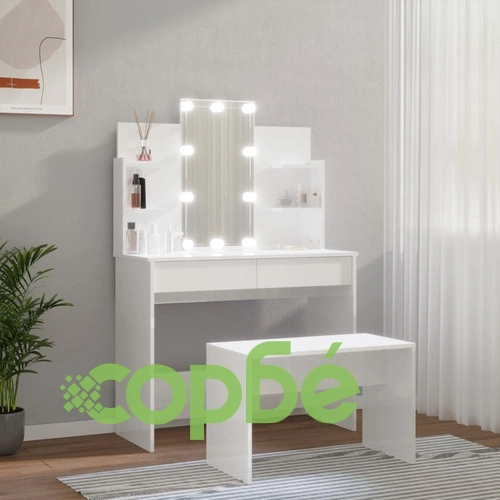 Комплект тоалетка с LED, бял гланц, инженерно дърво ➤ топ цена ➤ sorbe.bg