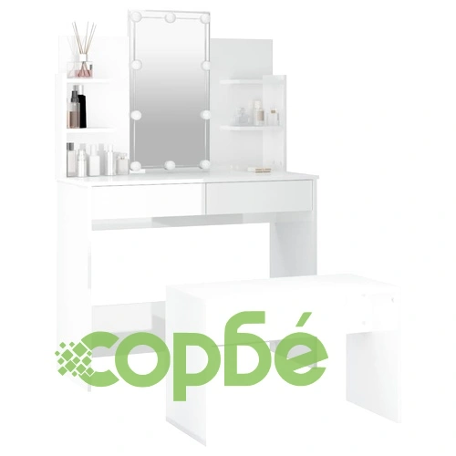 Комплект тоалетка с LED, бял гланц, инженерно дърво ➤ топ цена ➤ sorbe.bg
