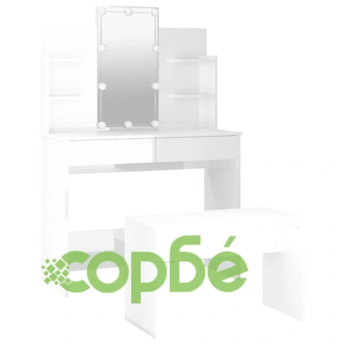 Комплект тоалетка с LED, бял гланц, инженерно дърво ➤ топ цена ➤ sorbe.bg