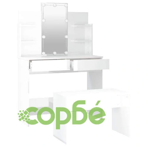 Комплект тоалетка с LED, бял гланц, инженерно дърво ➤ топ цена ➤ sorbe.bg