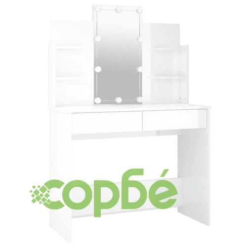 Комплект тоалетка с LED, бял гланц, инженерно дърво ➤ топ цена ➤ sorbe.bg