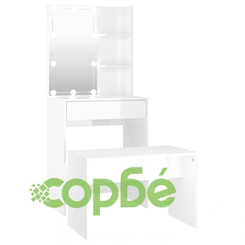 Комплект тоалетка с LED, бял гланц, инженерно дърво ➤ топ цена ➤ sorbe.bg