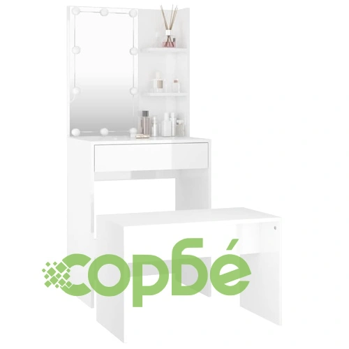 Комплект тоалетка с LED, бял гланц, инженерно дърво ➤ топ цена ➤ sorbe.bg