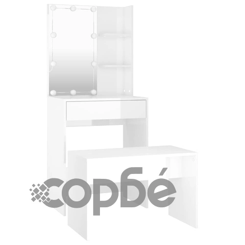 Комплект тоалетка с LED, бял гланц, инженерно дърво ➤ топ цена ➤ sorbe.bg