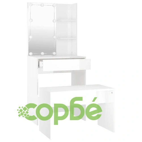 Комплект тоалетка с LED, бял гланц, инженерно дърво ➤ топ цена ➤ sorbe.bg