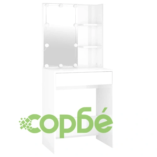Комплект тоалетка с LED, бял гланц, инженерно дърво ➤ топ цена ➤ sorbe.bg