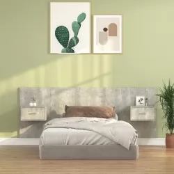Горна табла за легло с шкафчета, бетонно сива, инженерно дърво