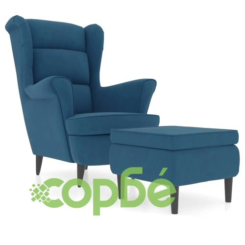 Фотьойл Wingback с табуретка, син, кадифе ➤ топ цена ➤ sorbe.bg