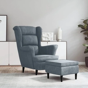 Фотьойл Wingback с табуретка, тъмносив, кадифе
