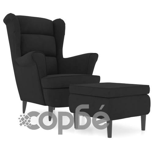 Фотьойл Wingback с табуретка, черен, кадифе ➤ топ цена ➤ sorbe.bg