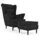 Фотьойл Wingback с табуретка, черен, кадифе