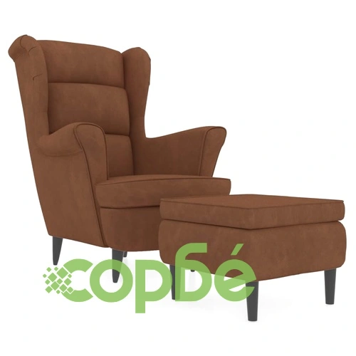 Фотьойл Wingback с табуретка, кафява, кадифе ➤ топ цена ➤ sorbe.bg