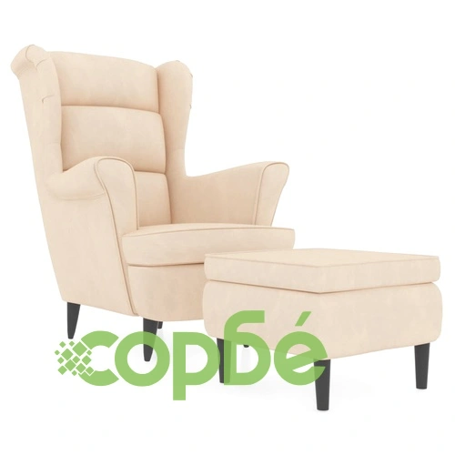 Фотьойл Wingback с табуретка, кремав, кадифе ➤ топ цена ➤ sorbe.bg