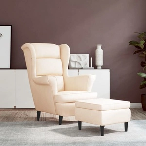Фотьойл Wingback с табуретка, кремав, кадифе