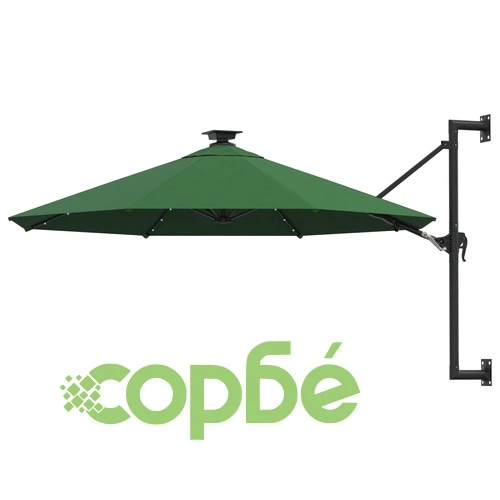 Градински чадър за монтаж на стена, с LED, 300 см, зелен ➤ топ цена ➤ sorbe.bg