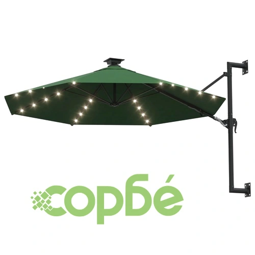 Градински чадър за монтаж на стена, с LED, 300 см, зелен ➤ топ цена ➤ sorbe.bg