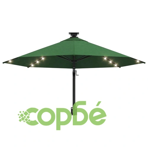 Градински чадър за монтаж на стена, с LED, 300 см, зелен ➤ топ цена ➤ sorbe.bg