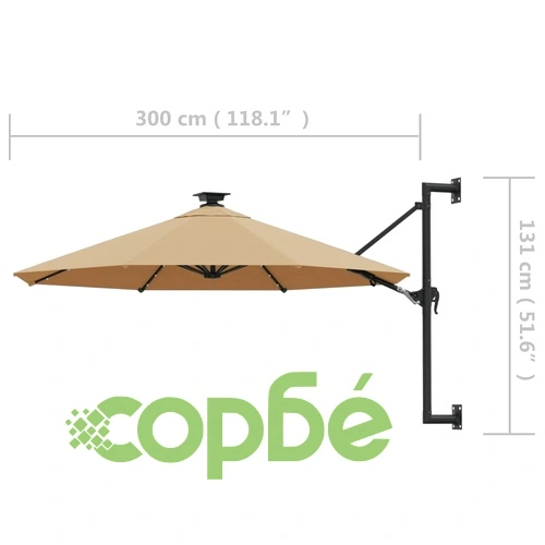 Градински чадър за монтаж на стена, с LED, 300 см, таупе ➤ топ цена ➤ sorbe.bg