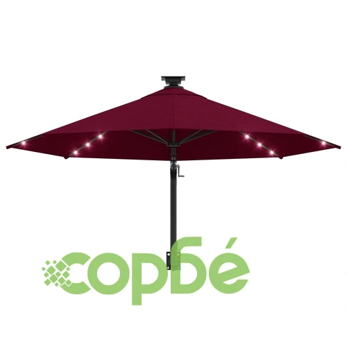Градински чадър за монтаж на стена, с LED, 300 см, бордо ➤ топ цена ➤ sorbe.bg