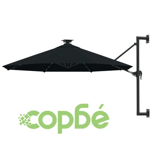 Градински чадър за монтаж на стена, с LED, 300 см, черен ➤ топ цена ➤ sorbe.bg