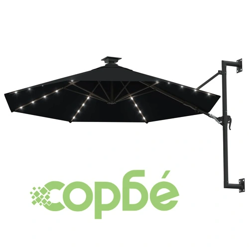 Градински чадър за монтаж на стена, с LED, 300 см, черен ➤ топ цена ➤ sorbe.bg