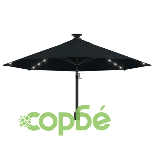 Градински чадър за монтаж на стена, с LED, 300 см, черен ➤ топ цена ➤ sorbe.bg