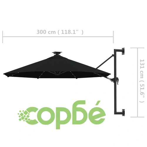 Градински чадър за монтаж на стена, с LED, 300 см, черен ➤ топ цена ➤ sorbe.bg
