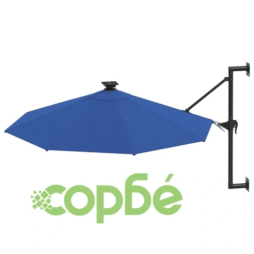 Градински чадър за монтаж на стена, с LED, 300 см, син ➤ топ цена ➤ sorbe.bg