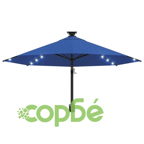 Градински чадър за монтаж на стена, с LED, 300 см, син ➤ топ цена ➤ sorbe.bg
