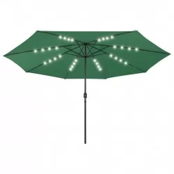 Градински чадър с LED лампички и метален прът, 400 см, зелен