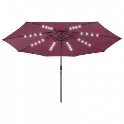 Градински чадър с LED лампички и метален прът, 400 см, бордо