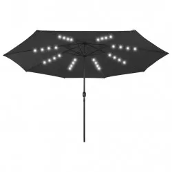 Градински чадър с LED лампички и метален прът, 400 см, черен