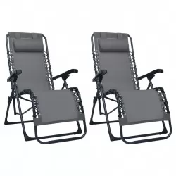 Сгъваеми столове тип шезлонг, 2 бр, сиви, textilene