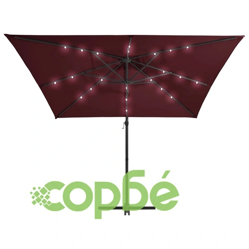 Конзолен градински чадър, с LED светлини, бордо, 250x250 см ➤ топ цена ➤ sorbe.bg