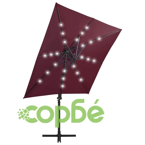 Конзолен градински чадър с прът и LED светлини, бордо, 250 см ➤ топ цена ➤ sorbe.bg