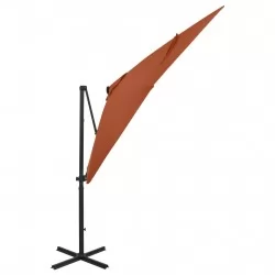 Чадър с чупещо рамо, прът и LED лампи, теракота, 250 см