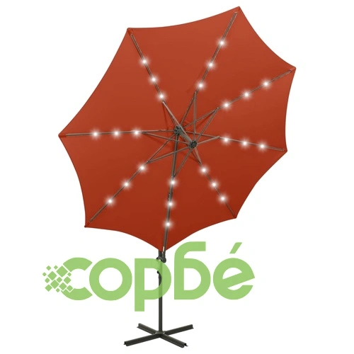 Конзолен градински чадър с прът и LED светлини теракота 300 см ➤ топ цена ➤ sorbe.bg