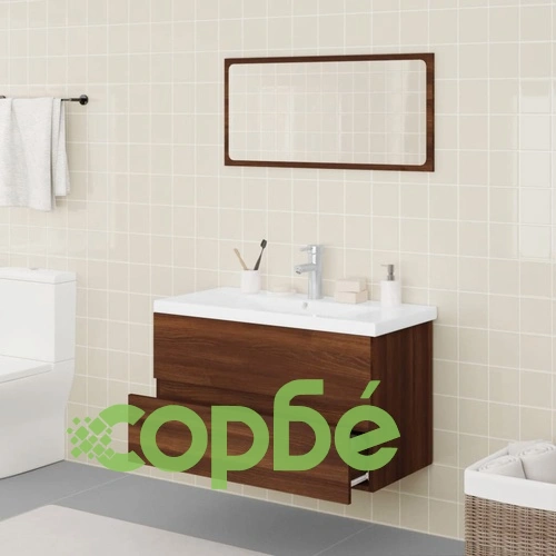 Комплект мебели за баня, кафяв дъб, инженерно дърво ➤ топ цена ➤ sorbe.bg