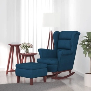 Люлеещ се стол с дървени крака и табуретка, син, кадифе