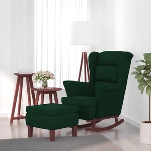 Люлеещ се стол с дървени крака и табуретка, тъмнозелен, кадифе