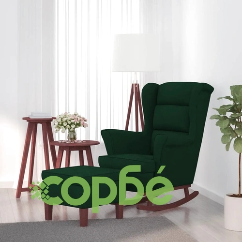 Люлеещ се стол с дървени крака и табуретка, тъмнозелен, кадифе ➤ топ цена ➤ sorbe.bg