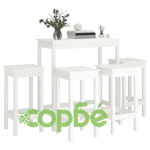 Бар комплект от 5 части, бял, масивна борова дървесина ➤ топ цена ➤ sorbe.bg
