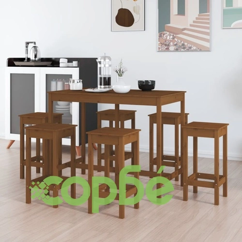 Бар комплект от 7 части, меденокафяв, масивна борова дървесина ➤ топ цена ➤ sorbe.bg